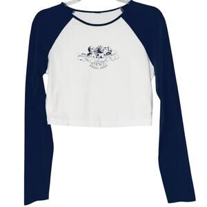 Y2K Crew Neck Long Sleeve Baby Tee Pullover Shirt White Navy Blue Medium